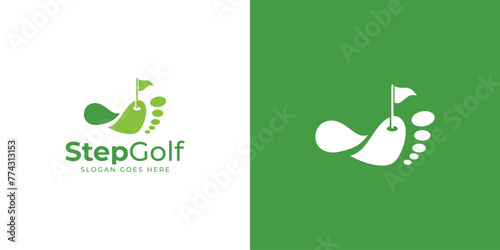 Creative Step Golf Logo. Step Foot and Flag, Golf Hole wiht Minimalist Style. Golf Club Logo Icon Symbol Vector Design Inspiration.