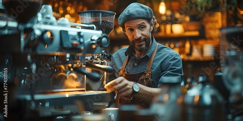 Barista in uniform preparing coffee at a bar counter with a coffee maker in a kitchen setting. Concept Coffee Preparation  Barista  Kitchen Setting  Espresso Machine  Coffee Counter