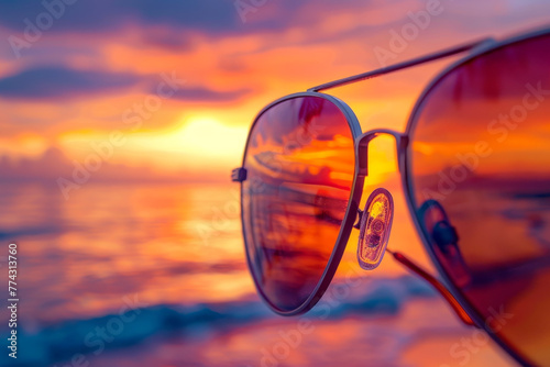 A pair of sunglasses is shown with the sun setting in the background