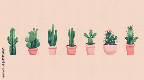 Ilustrações de pequenos cactos verdes em vasos, destacando-se em um fundo neutro em tons de pêssego pastel, em uma composição minimalista photo