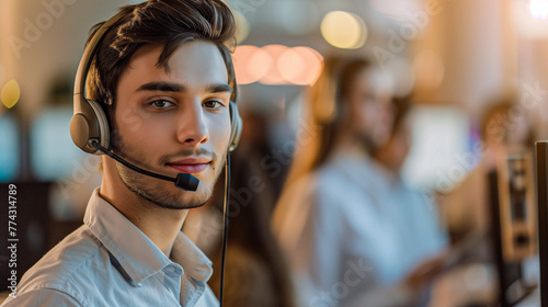 Male Call Center Worker with Headset, Customer Service Expert Assisting Call