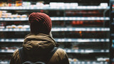 Back view of a man in a red knitted hat and jacket standing in a supermarket and looking at the shelves.