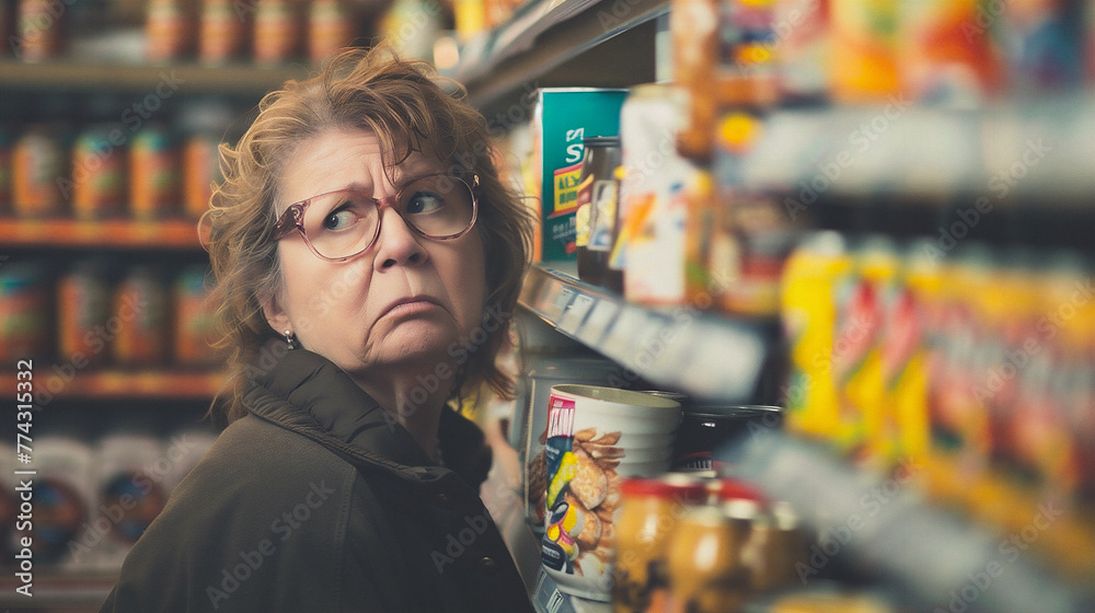 Portrait of mature woman choosing canned food in supermarket. Focus on woman