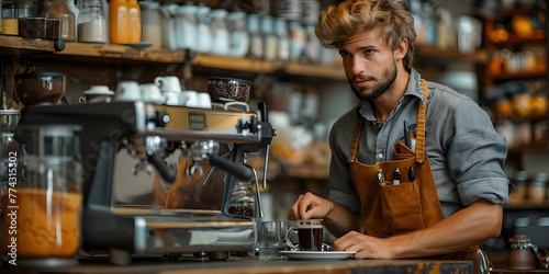Barista in apron making coffee at a bar counter with a coffee maker. Concept Coffee shop  Barista  Apron  Coffee maker  Bar counter
