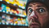 Portrait of a man in a supermarket. Shallow depth of field