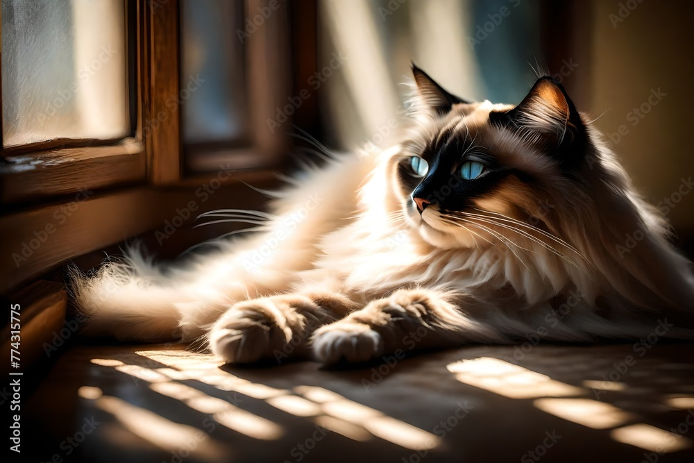 A fluffy Ragdoll cat lounging lazily on a sun-dappled windowsill, its serene expression reflecting a sense of contentment..