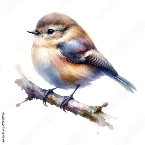 Delicate watercolor of a tiny bird on a branch - Artistic watercolor painting capturing the fragile beauty of a small bird perched on a winter branch © Mickey