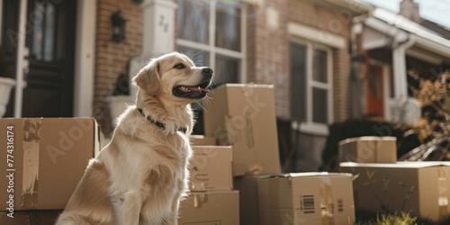 dog on a background of cardboard boxes moving Generative AI photo