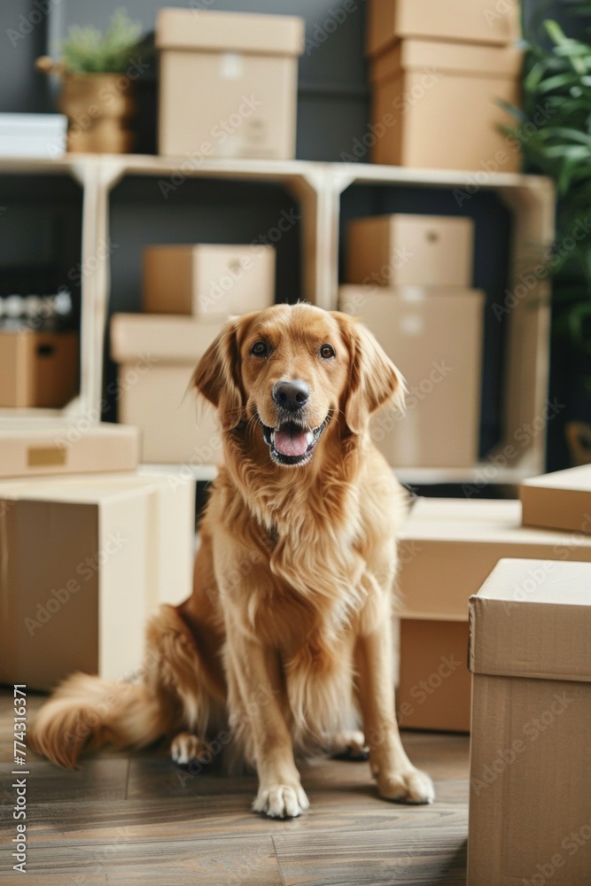 dog on a background of cardboard boxes moving Generative AI