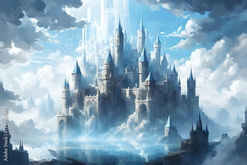 a fantasy castle floating in the clouds above it, in the style of mirrored realms, chaotic academia, captivating skylines, dark white and light blue. photo