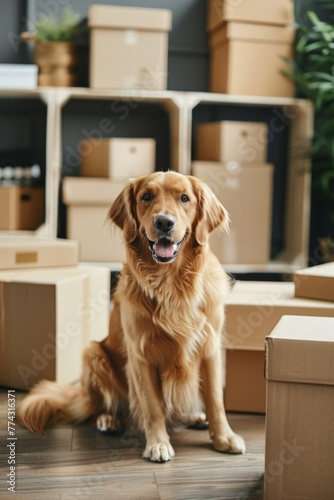 dog on a background of cardboard boxes moving Generative AI © València