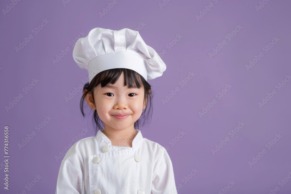 cute asian smiling child in chef’s uniform - hat and clothes - portait on plain background, culinary cooking studio concept with copy space cute asian smiling child in chef’s uniform - hat and clothes - portait on plain background, culinary cooking studio concept with copy space