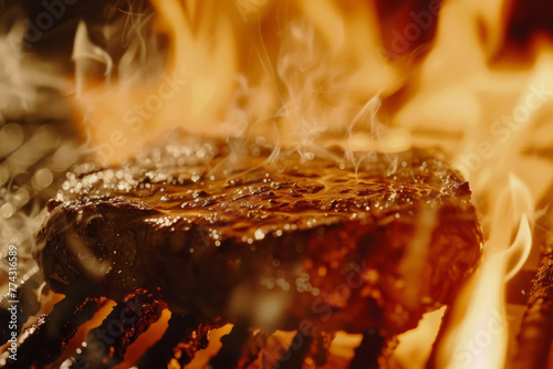 A piece of meat is being cooked on a grill