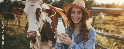 close up cow and smiling farmer woman holding a bottle of whole milk on a field in summer farm surroundings, farmer’s dairy produce concept, horizontal banner photo