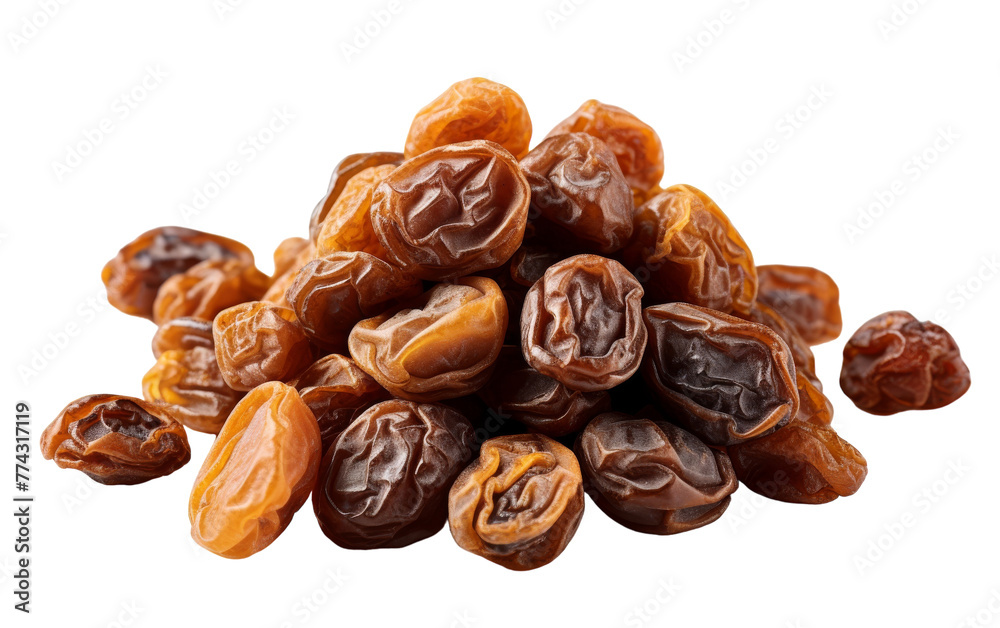 A vibrant pile of plump raisins resting on a bright white background