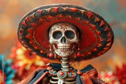 Skeleton in traditional Mexican outfit with sombrero. Concept: Day of the Dead and Mexican culture, festival and traditional holidays