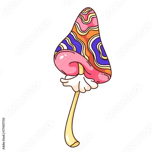 Groovy cartoon mushroom with psychedelic waves on cap. Funny retro magic amanita with curvy twirls, hallucination trip mascot, cartoon surreal mushroom sticker of 70s 80s style vector illustration