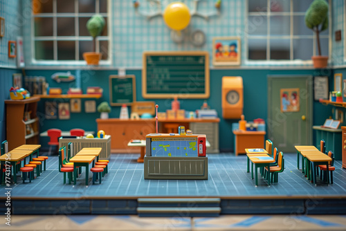 Plastic dolls house model of a classroom
