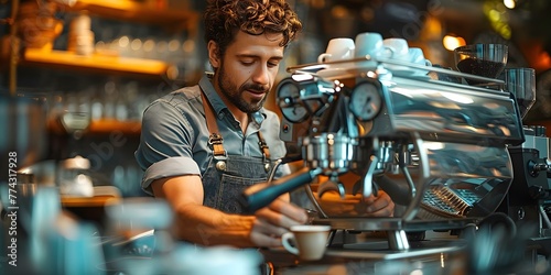 Barista in uniform making coffee at a bar counter with a coffee maker. Concept Coffee shop ambiance  Espresso machine  Latte art  Coffee brewing techniques  Coffee grinder