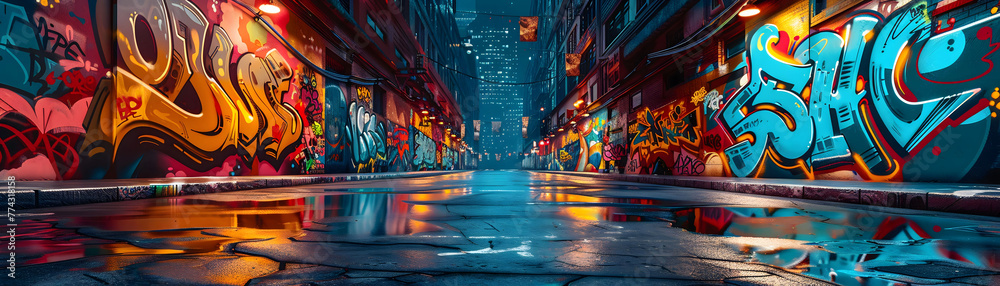 Digitally enliven streets with a vibrant panorama of urban digital graffiti, capturing color, creativity, and modern expression to inspire