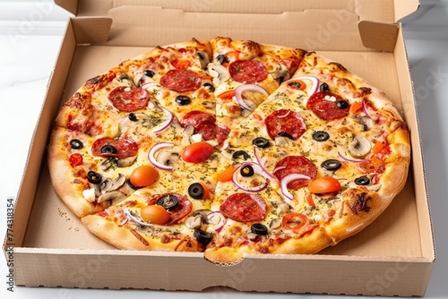 Tasty pizza with cheese, sausages, olives, onions and tomatoes in open cardboard box on white table. AI Generated