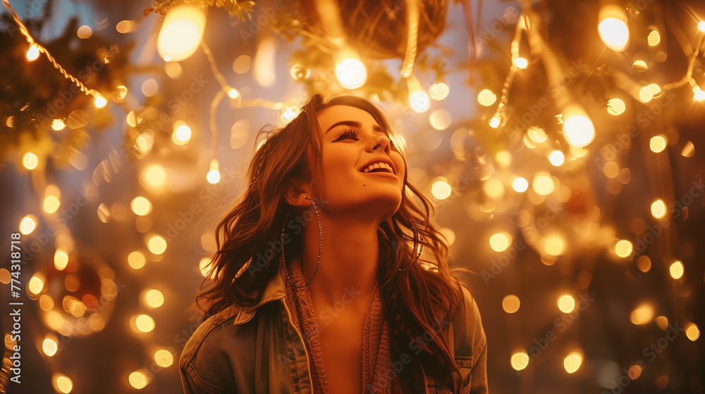 A dreamy photo of a woman singing under a canopy of fairy lights, creating a magical atmosphere A dreamy photo of a woman singing under a canopy of fairy lights, creating a magical atmosphere