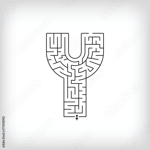 Unique linear letter Y maze puzzle. Confusing game and educational activity set.