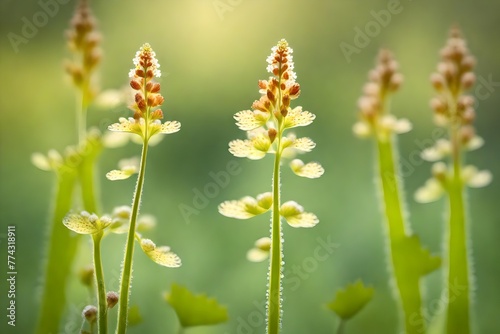 Closeup of alumroot (Heuchera micrantha) flower against a blurred background with copyspace