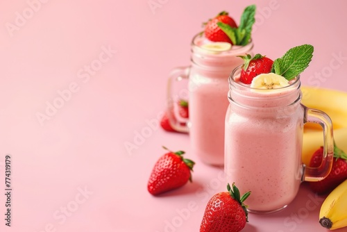 Strawberry and Banana Smoothie in a Jar Decorated With Mint on Pink Background, Copy Space