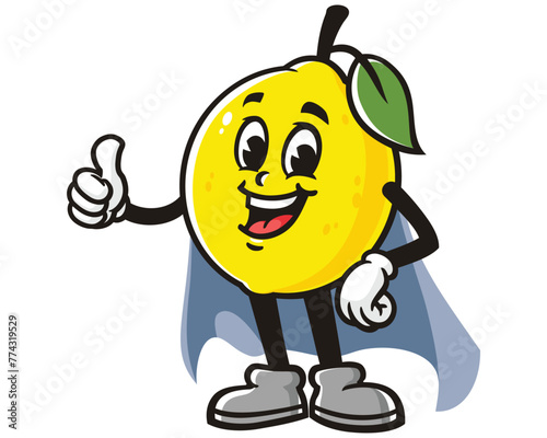 Lemon fruit with caped superhero style cartoon mascot illustration character vector clip art hand drawn