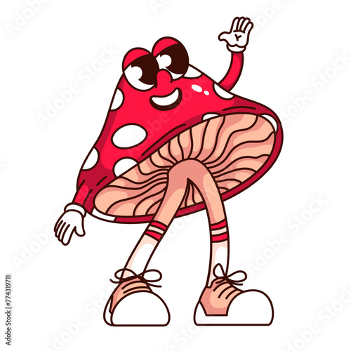 Bilde på lerret Groovy fly agaric mushroom cartoon character waving hello