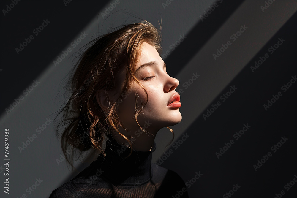 Minimalistic composition akin to modern fashion photography, a 19-year-old exuding confidence and joy against a sleek solid black background