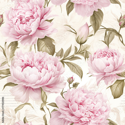 Elegant Pink Peony Artwork on a Creamy Background, Seamless Pattern, Textile Design, Art Print © G_Art
