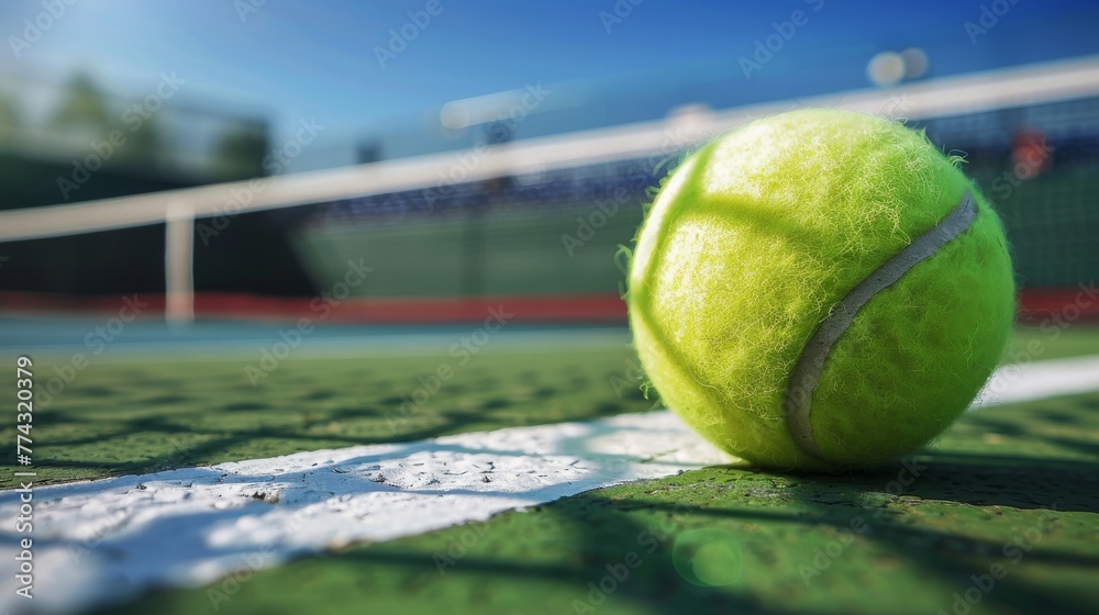 Tennis ball on the tennis court. Close-up of tennis ball