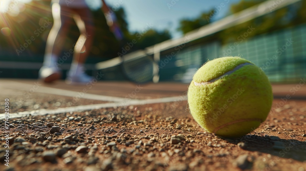 Tennis ball on the tennis court, close-up of a tennis player