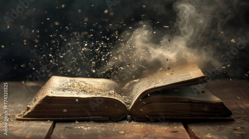 Old book on a wooden table with smoke