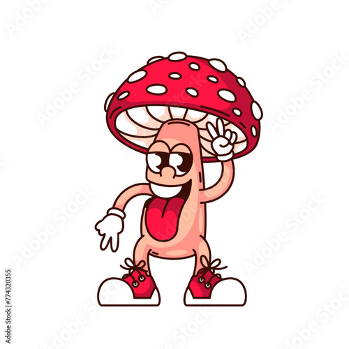 Groovy fly agaric mushroom cartoon character with tongue sticking out. Funny retro amanita with sneakers, hippie peace sign. Crazy mushroom mascot, cartoon sticker of 70s 80s style vector illustration