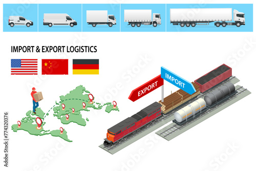 Isometric Logistic Systems. Industrial railroad transport. Freight transportation by train. Diesel locomotives hauling a mixed freight train. Global Logistics Network isometric, delivery and shipping