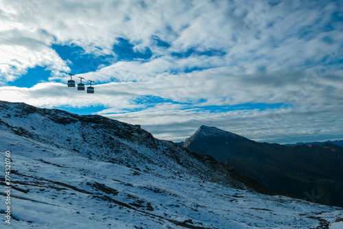 Panoramic morning view of ropeway Ankogelbahn, group cable car in High Tauern National Park, Carinthia, Austria. Wanderlust in Austrian Alps. Idyllic high altitude hiking trails at mountain Ankogel photo