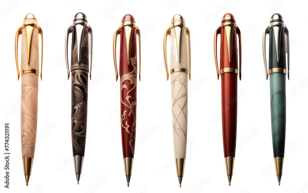 Various colorful pens neatly arranged in a row on a surface Various colorful pens neatly arranged in a row on a surface