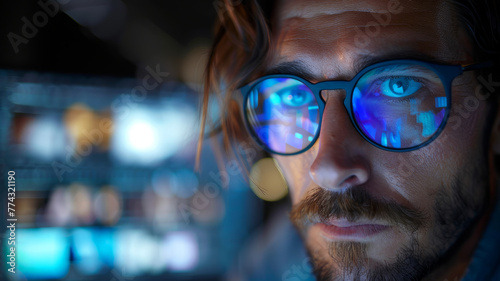 Close-up of a man with screen reflections on glasses.