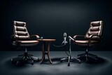 two chairs and microphones in podcast or interview room on dark background as a wide banner for media conversations or podcast streamers concepts with copyspace .