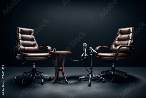 two chairs and microphones in podcast or interview room on dark background as a wide banner for media conversations or podcast streamers concepts with copyspace . photo