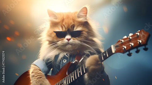 cat as rock star playing guitar at concert wearing Stylish sunglasses blur music background cat musician