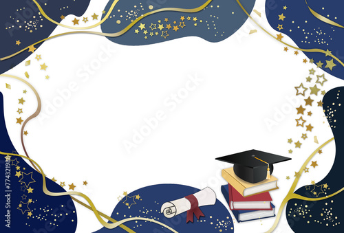 Graduation greeting card blank or party invitation template with books, graduation hat ,diploma and frame from spots in dark blue colors and decorated with stars and golden ribbons. Free copy space.