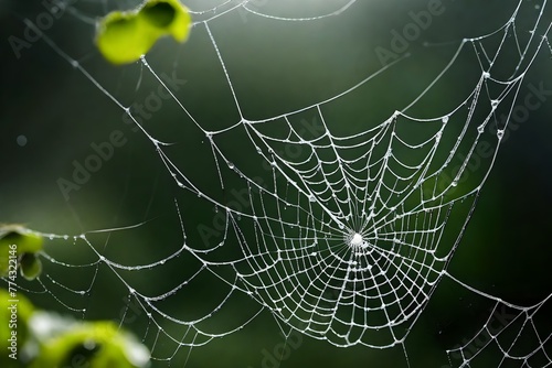 Dew covered spider s web With drops of water wth copyspace for text