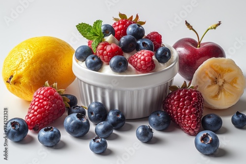 Realistic illustration of fruit  berries  and yogurt in 3D modern format.
