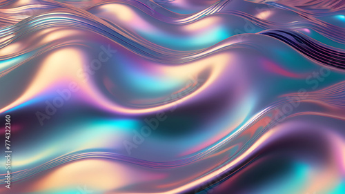 Holographic chrome gradient waves abstract background.