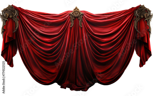 A luxurious red curtain adorned with a shimmering gold trim cascades gracefully