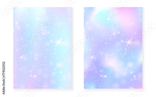 Magic background with princess rainbow gradient. Kawaii unicorn hologram. Holographic fairy set. Creative fantasy cover. Magic background with sparkles and stars for cute girl party invitation.